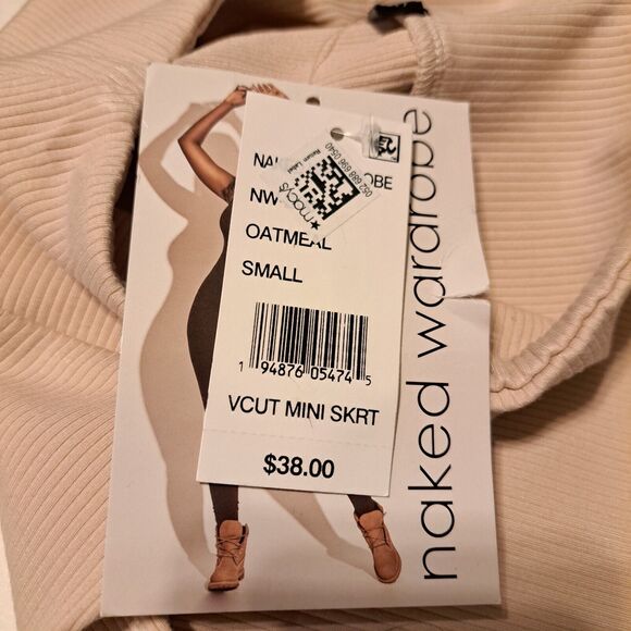 Naked Wardrobe V-Cut Mini Skirt in Oatmeal Stretchy Ribbed Bodycon Womens S NWT - Picture 8 of 13